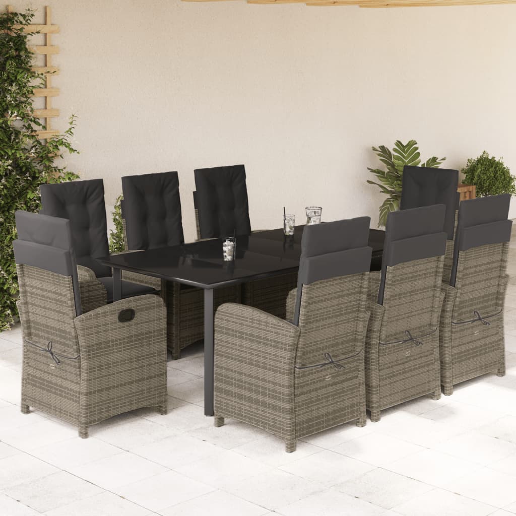 9-tlg. Garten-Essgruppe mit Kissen Grau Poly Rattan